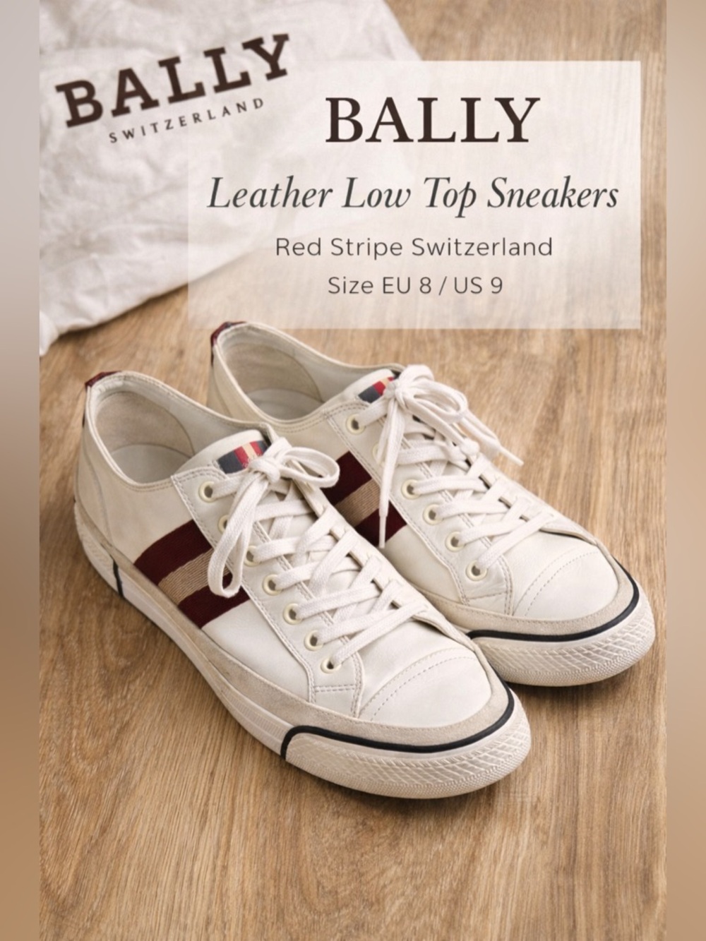 Bally Leather Low Top Sneakers Red Stripe Switzerland Size EU 8 / US 9